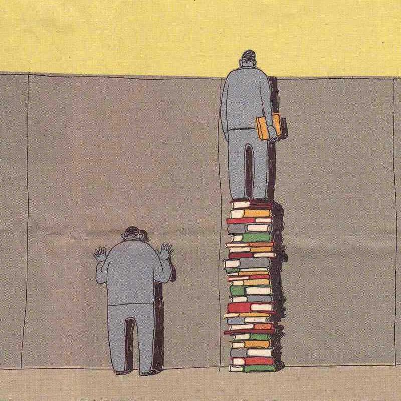 Man peeking over wall with books